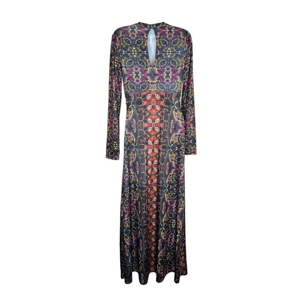 Free People Maxi Dress Small Hippie Paisley Boho V-Neck Gypsy Jewel Cutout L/S - Picture 3 of 6